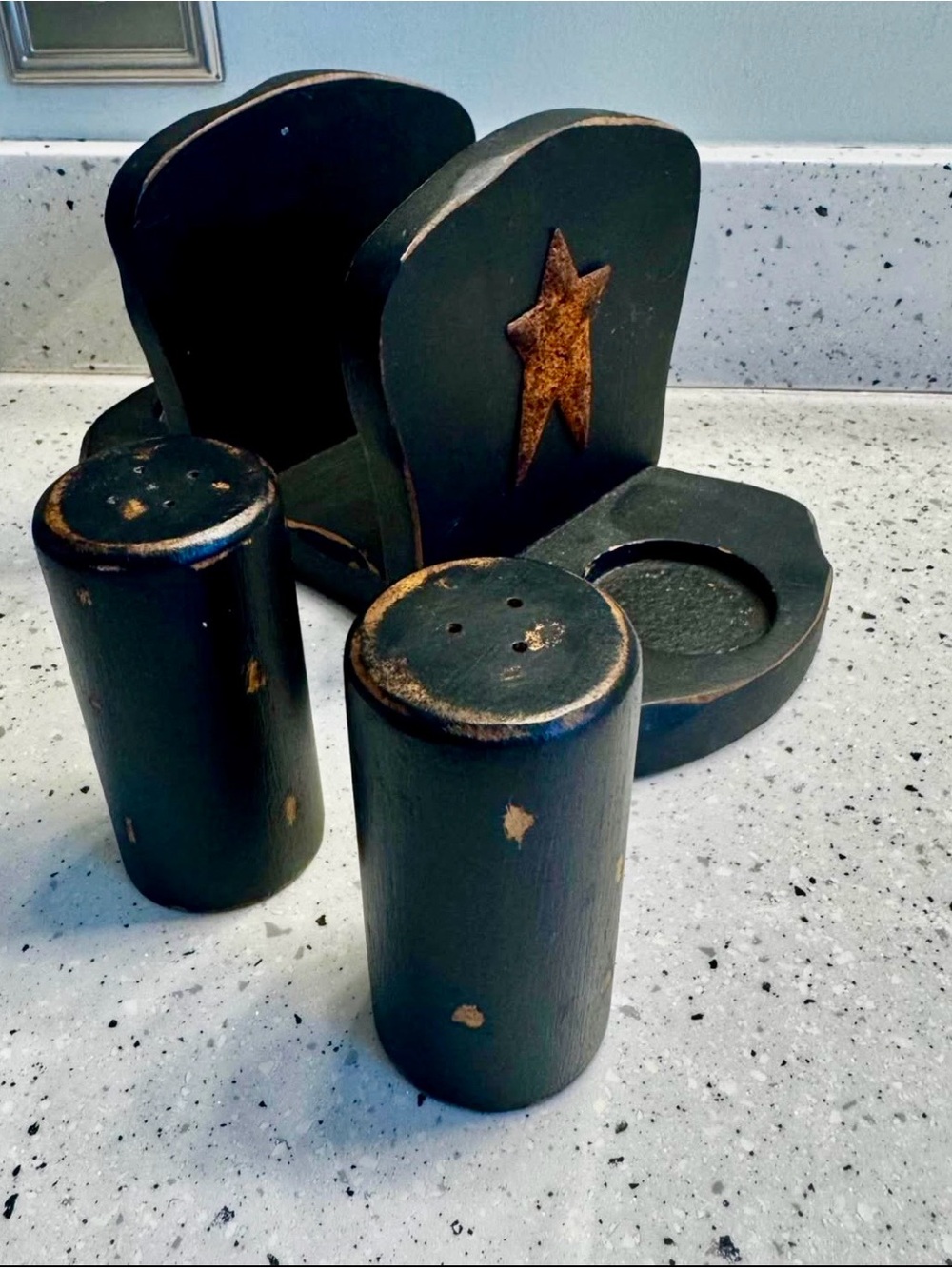 Rustic/Distressed Black Wooden Salt and Pepper Shaker Set with Napkin Holder